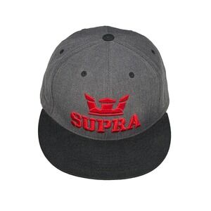 Supra Hat Snap Back Cap Charcoal Black 3D Embroidered Red Logo Skate Wool Blend